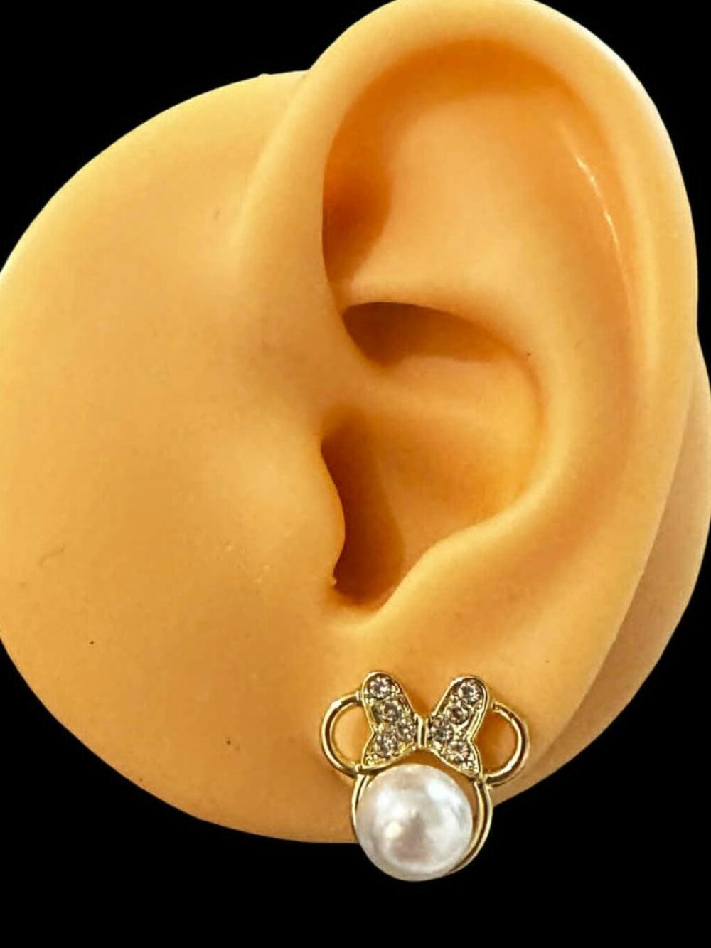 Minnie Mouse Earrings Gold Tone Faux Pearl Center Rhinestone Bow NWOT